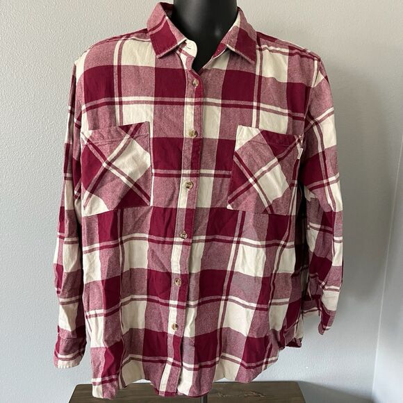 Brixton Flannel Plaid Mens Large Long Sleeve Button Up Flat Pocket Red Beige - Picture 1 of 6